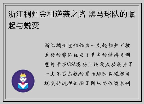浙江稠州金租逆袭之路 黑马球队的崛起与蜕变